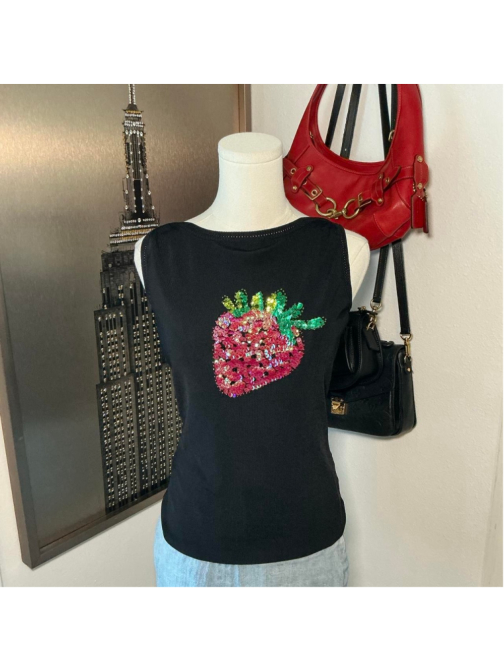 Sweaterworks Black Sequin Strawberry Sleeveless Top Size Small Y2K